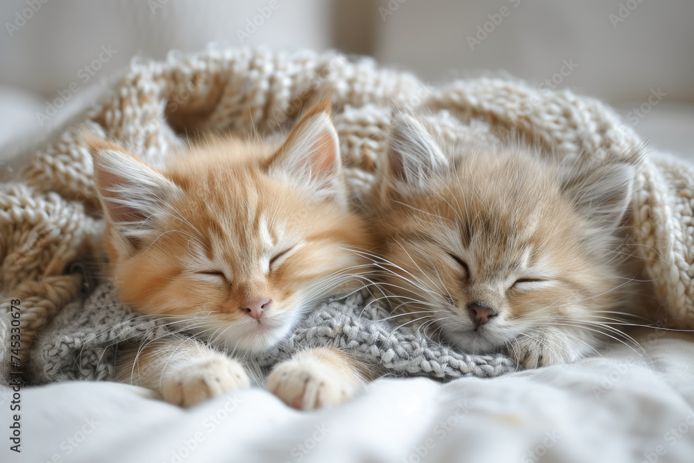 Two kittens sleep on silk sheets. Concept for sleep.