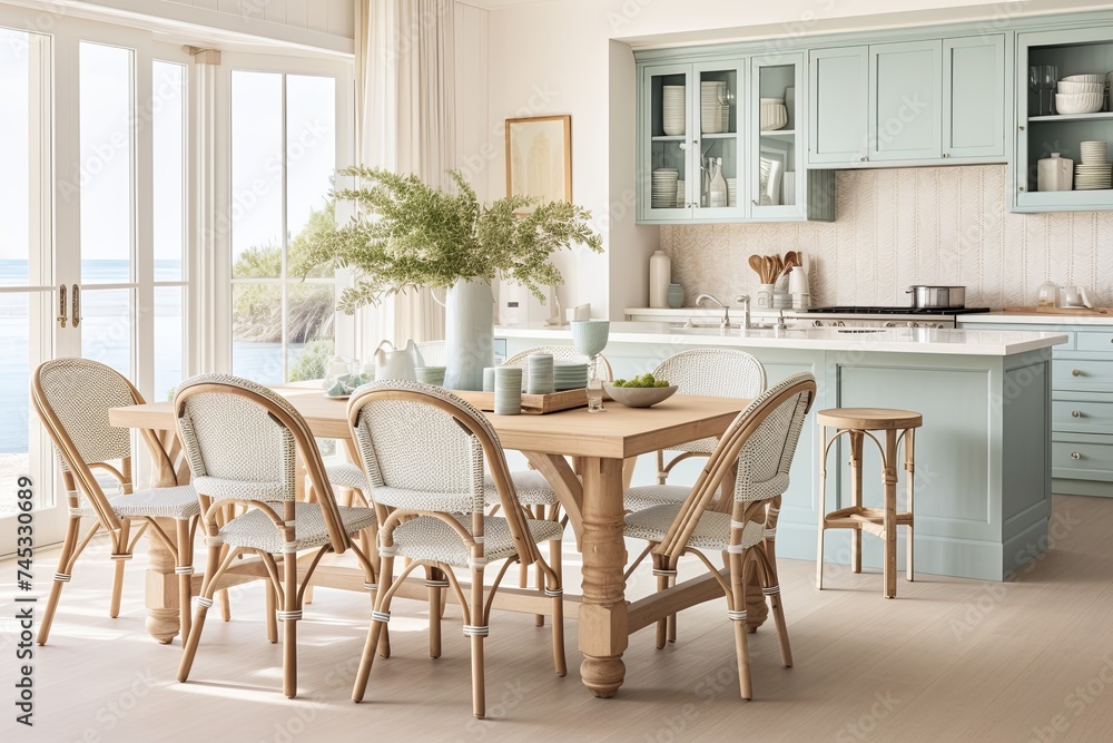 Beachy Breezes: Coastal Pastel Paradise with Rattan Chairs in a Serene Kitchen Space