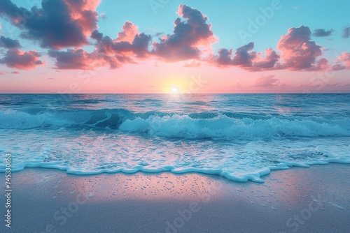 A tranquil and breathtaking photo capturing the soothing scene of a sunset over the sea with waves gently approaching the shore