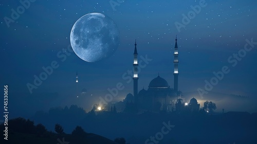 Illuminated Crescent Moon and Mosque in Stunning 3D Render, Symbolizing Islamic Faith and Spiritual Serenity