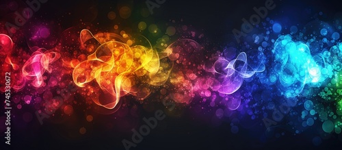 This image features colorful abstract shapes in rainbow hues floating against a contrasting black backdrop. Bubble-like forms add a dynamic element to the composition, creating a visually striking and