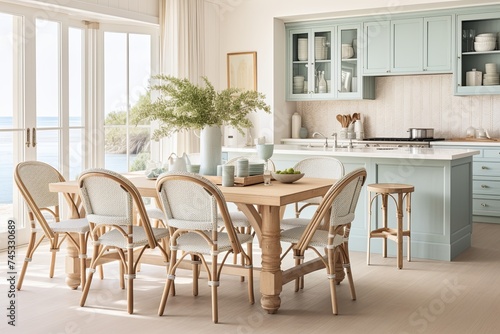 Beachy Breezes  Coastal Pastel Paradise with Rattan Chairs in a Serene Kitchen Space
