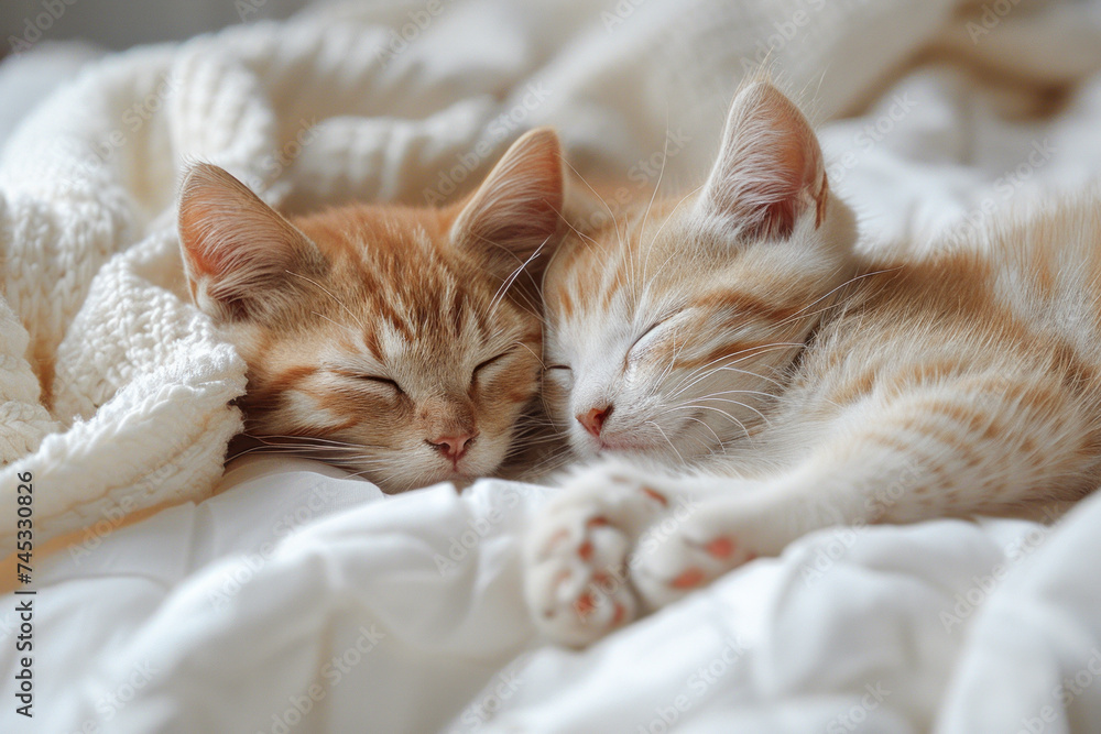 Two kittens sleep on silk sheets. Concept for sleep.