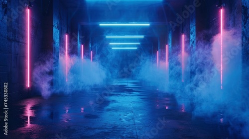 Atmospheric Studio, Empty Dark Scene with Neon Lights, Spotlights Illuminating the Floor, and Smoke Floating Up, Enhancing the Interior Texture