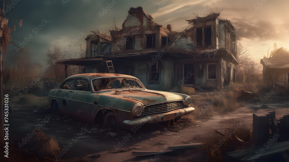 a car passes along the side of a decaying house