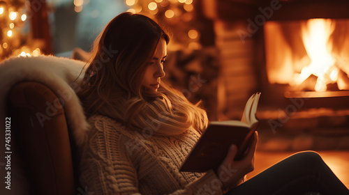 Refúgio Tranquilo Mulher lendo junto à lareira em cadeira aconchegante com luz suave cobertor e livro em mãos