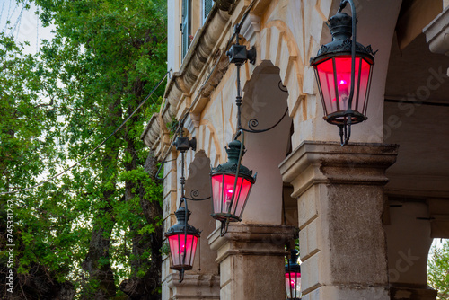 Corfu Easter - Venetian lights in purple, at Liston road in Corfu Old Town