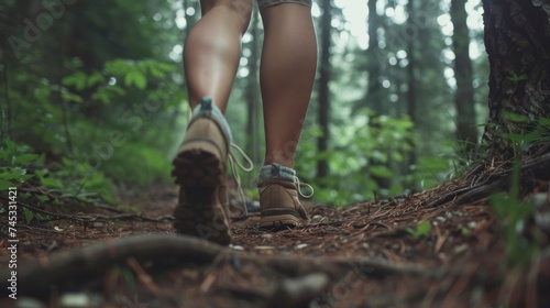 Exploring Nature, Close-Up of Female Hiker Feet Trekking along a Forest Trail, Immersed in the Serenity of the Wilderness