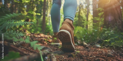 Exploring Nature, Close-Up of Female Hiker Feet Trekking along a Forest Trail, Immersed in the Serenity of the Wilderness