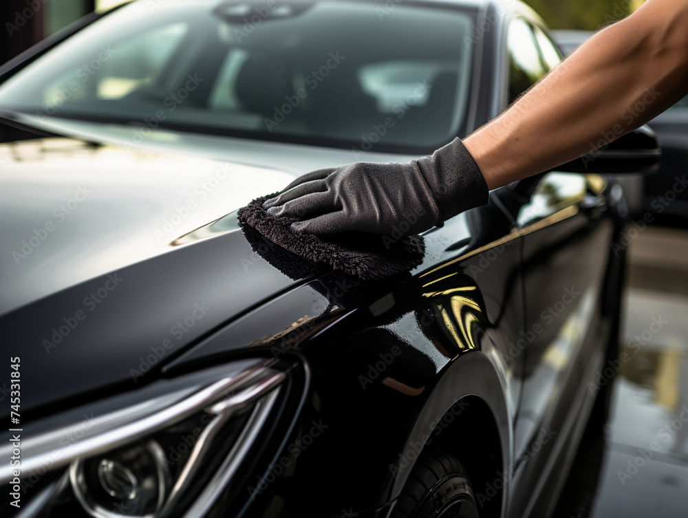 A man cleaning black car with microfiber cloth, car detailing (or valeting) concept. Selective focus. 