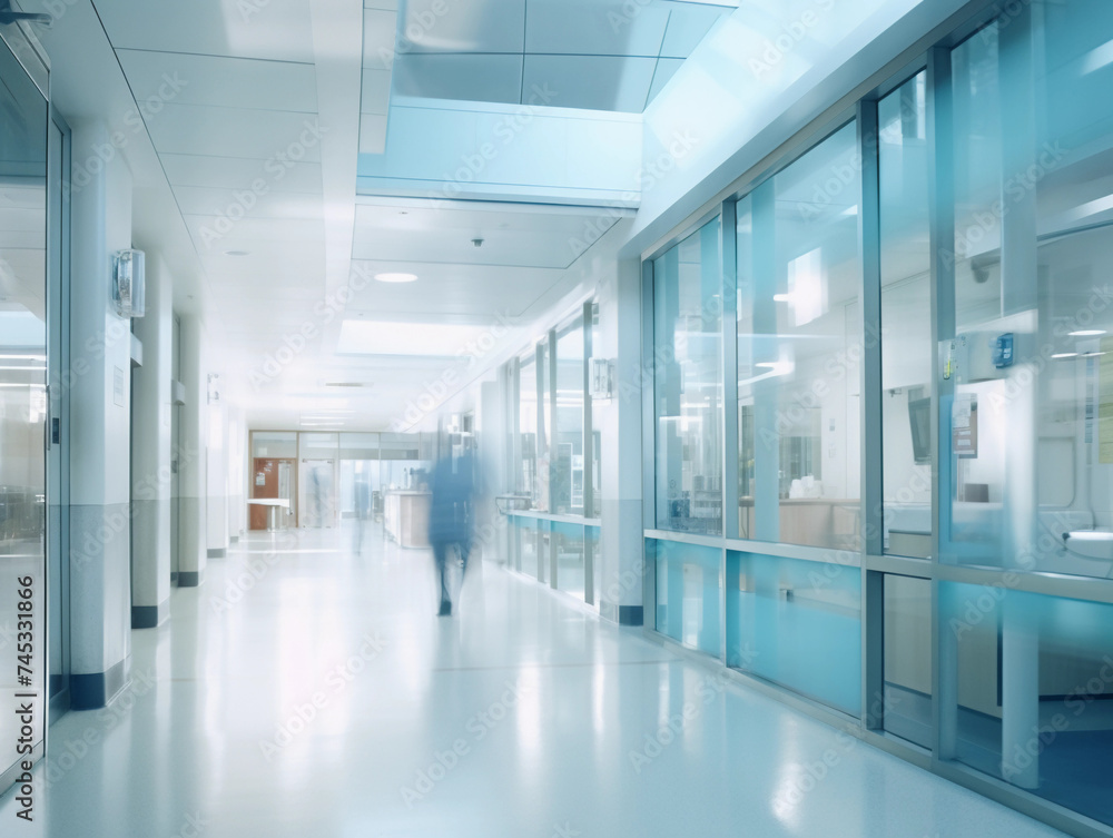 A motion blurred photograph of a hospital interior. 