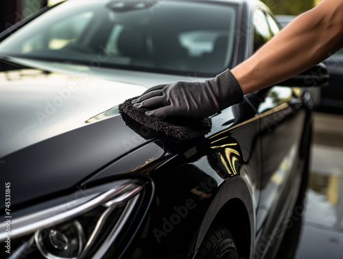 A man cleaning black car with microfiber cloth, car detailing (or valeting) concept. Selective focus. 