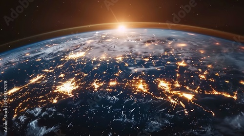 Earth from Above, Panoramic View of the Globe from Space, Glowing with City Lights