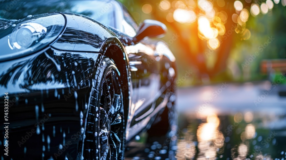 Close-Up of Professional Car Wash, Black Sports Car Being Shampooed for a Sparkling Clean Finish