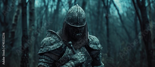 A man dressed in a knights costume, complete with armor, is walking through a dense forest on a Halloween night. The knightly figure adds a touch of fantasy and horror to the eerie setting.