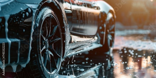 Close-Up of Professional Car Wash, Black Sports Car Being Shampooed for a Sparkling Clean Finish