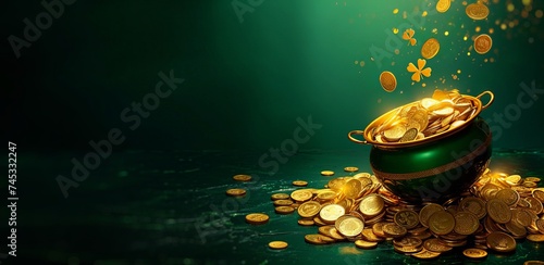 Golden pot full of coins with clover leaves on a sparkling green background. Saint Patrick's Day theme. A leprechaun's cauldron of treasure. Design for banner, greeting card, advertisement