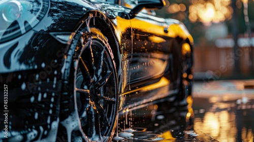 Close-Up of Professional Car Wash, Black Sports Car Being Shampooed for a Sparkling Clean Finish © MSTSANTA