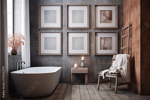 Rose Gold Elegance  Concrete Walls  Wooden Floor  Art Frames in a Stunning Bathroom Design Scheme