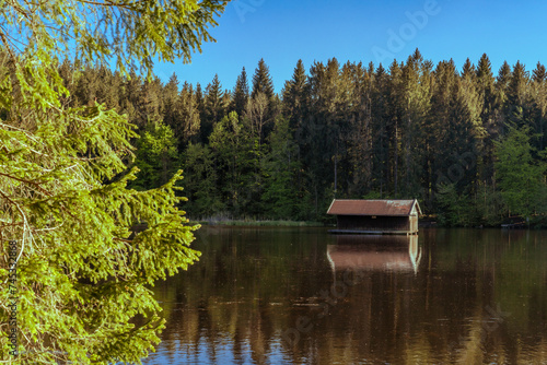 Holzhütte im Hackensee bei Holzkirchen umrahmt von Wald