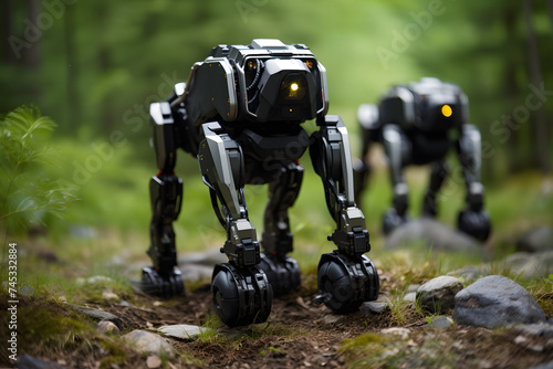 Futuristic quadruped robot walking outdoor photo