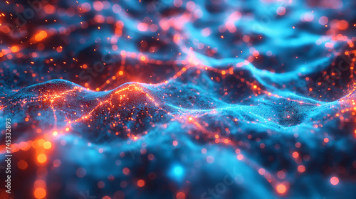Abstract Neural Network Waves with Glowing Nodes in Blue and Red