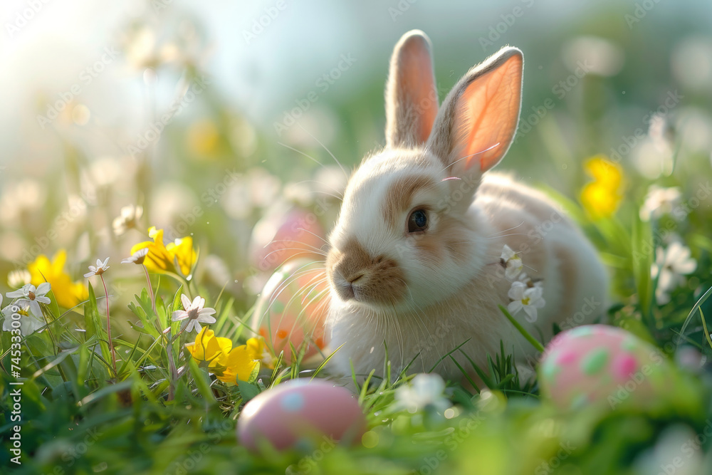 Easter Bunny with Colorful Eggs in Sunlit Meadow Easter Bunny with Colorful Eggs in Sunlit Meadow