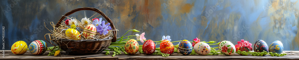 A charming array of handcrafted Easter eggs in a nest-filled basket, presented on a rustic wooden table with a reflective blue backdrop.