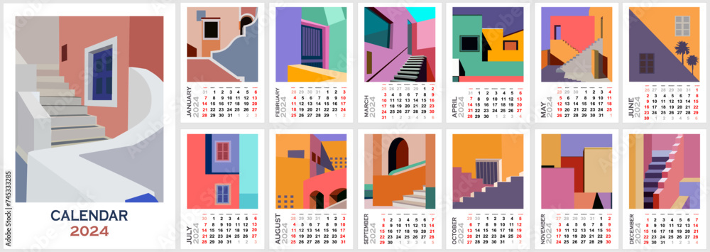 Monthly wall art abstract architectural calendar for 2024. Vertical design with bright modern colorful building vector illustration. Page template A3, A2 for printable calendar. Week starts on Sunday.