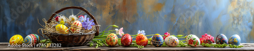 A charming array of handcrafted Easter eggs in a nest-filled basket  presented on a rustic wooden table with a reflective blue backdrop.