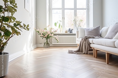 Nordic Minimalist Living Room: Contemporary Herringbone Wooden Floor Design