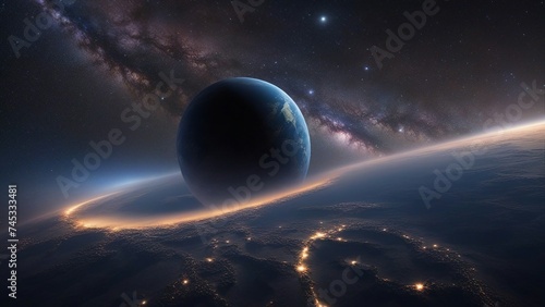 planet in space _A landscape with the Milky Way galaxy and a Earth in space.  