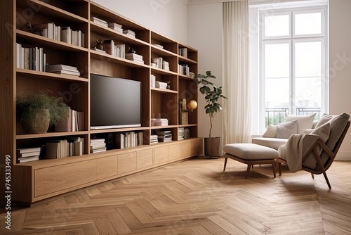 Herringbone Wooden Floor Patterns in Modern Nordic Living Area with Wooden Shelving