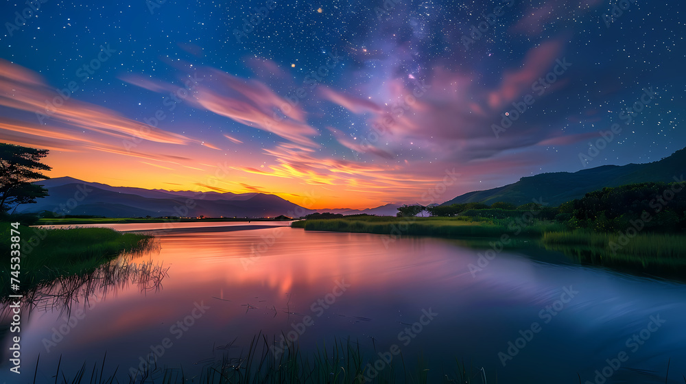 Sunset by the Lake With Starry Night Sky