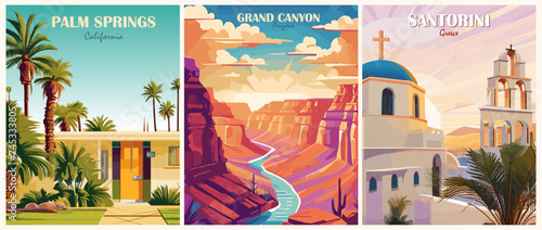 Set of Travel Destination Posters in retro style. Palm Springs, California, Grand Canyon, Arizona, USA, Santorini Greece prints. Summer vacation, holidays concept. Vintage vector illustrations. photo