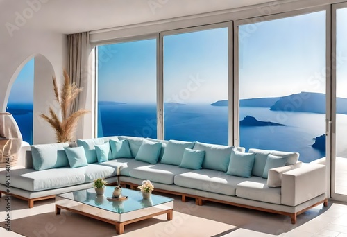 Luxury apartment terrace Santorini Interior of modern living room sofa or couch with beautiful sea view  © Muneeb