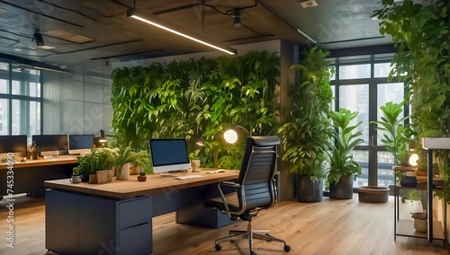 Office Interior Featuring Lush Flora. Modern Office Surrounded by Green Plants. Green Office. Modern Eco-Friendly Office Space Featuring a Lush Living Green Wall, Designed to Promote Employee Wellness