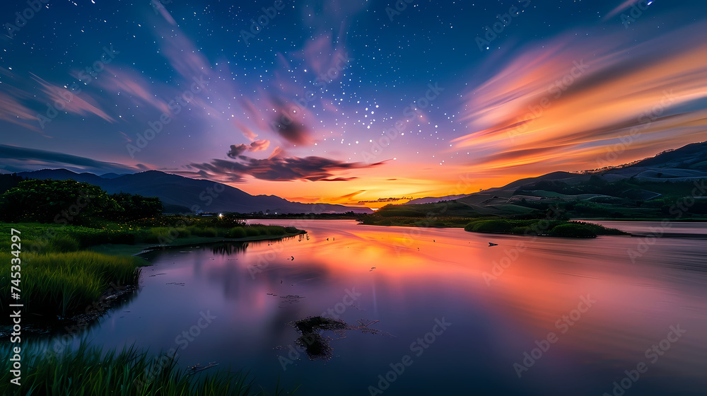 Sunset by the Lake With Starry Night Sky