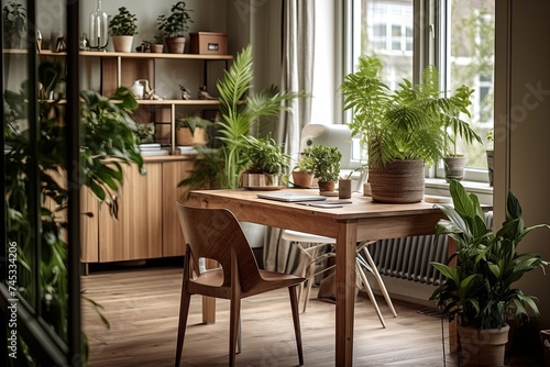 Nordic Elegance: Biophilic Home Interiors with Wooden Table and Lush Indoor Plants