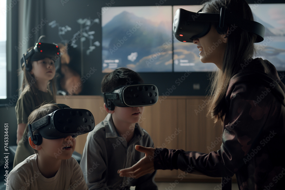 A students and teacher engage in an interactive class using technology and VR headsets, exploring virtual worlds and educational gadgets to enhance learning experiences. A students and teacher engage in an interactive class using technology and VR headsets, exploring virtual worlds and educational gadgets to enhance learning experiences.