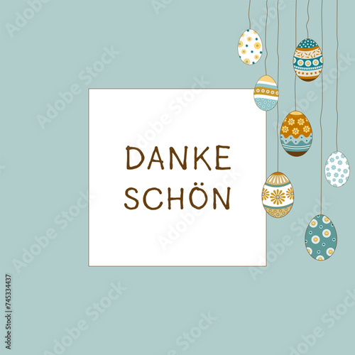 Dankeschön - Schriftzug in deutscher Sprache. Quadratische Dankeskarte mit verzierten Ostereiern auf einem hellgrünen Rahmen.