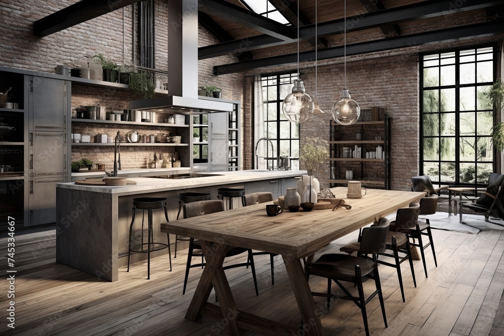 Modern Industrial Loft Kitchen: Exposed Beams, Steel Accents & Scandinavian Furniture