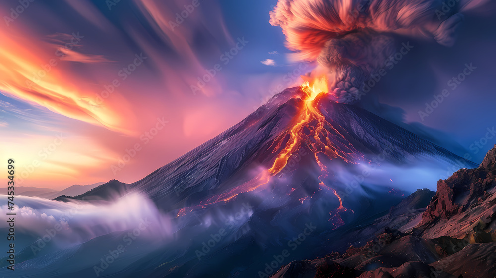 Majestic Volcano Eruption at Sunset