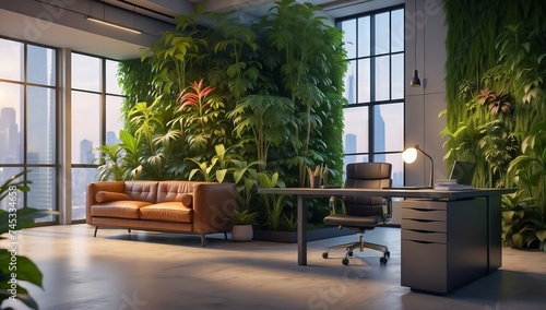 Office Interior Featuring Lush Flora. Modern Office Surrounded by Green Plants. Green Office. Modern Eco-Friendly Office Space Featuring a Lush Living Green Wall  Designed to Promote Employee Wellness