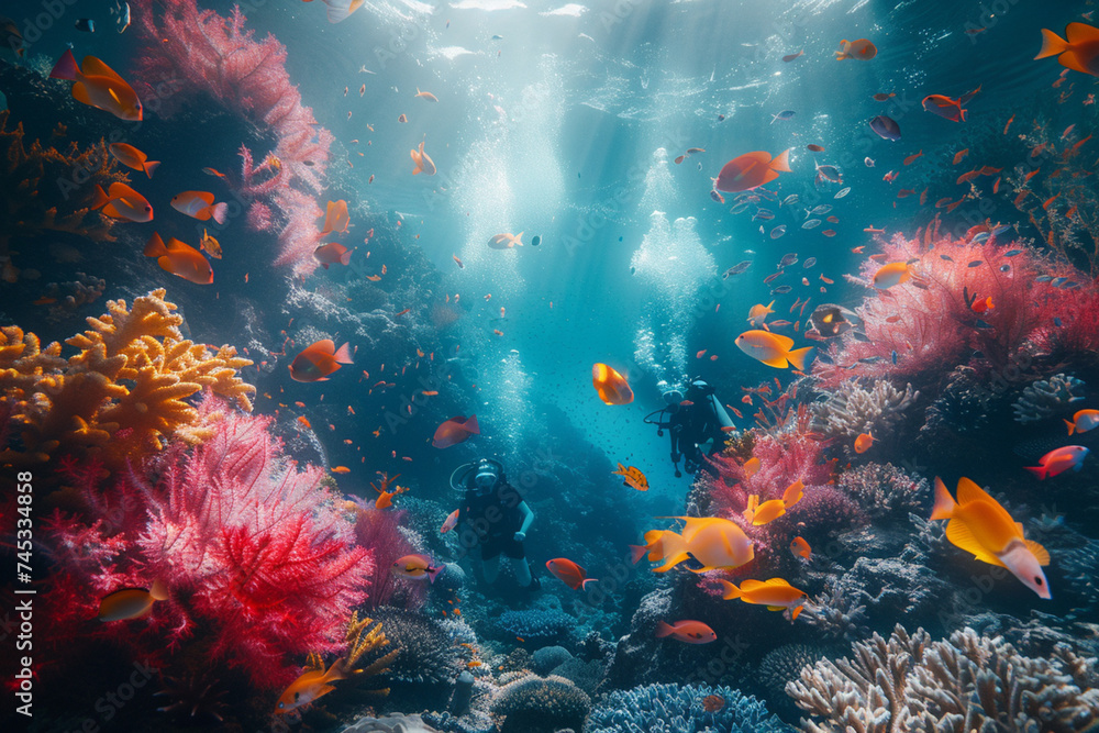 Explore the mesmerizing underwater world with stunning images of divers surrounded by colorful coral reefs, exotic sea animals, and breathtaking marine landscapes.