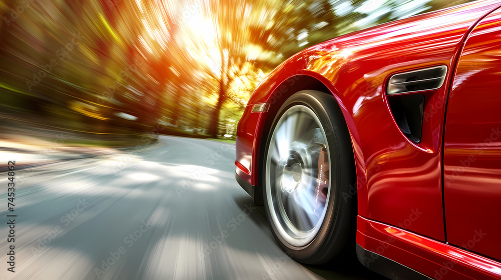 Red Sports Car Speeding Down an Autumn Road with Motion Blur Effect