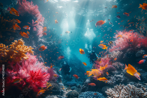 Explore the mesmerizing underwater world with stunning images of divers surrounded by colorful coral reefs  exotic sea animals  and breathtaking marine landscapes.