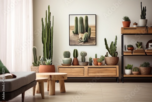 Modern Living Room with Chic Cactus Designs and Succulent Pots on Elegant Wooden Furniture © Michael