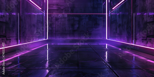 Empty neon light stage abstract background. 3d blue pink dark led room space. Modern futuristic glow electric interior. Empty wall, floor design