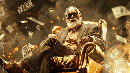 captivating image featuring a rich businessman sitting on a golden throne with cash flying around him, portraying opulence and wealth in the financial world photo